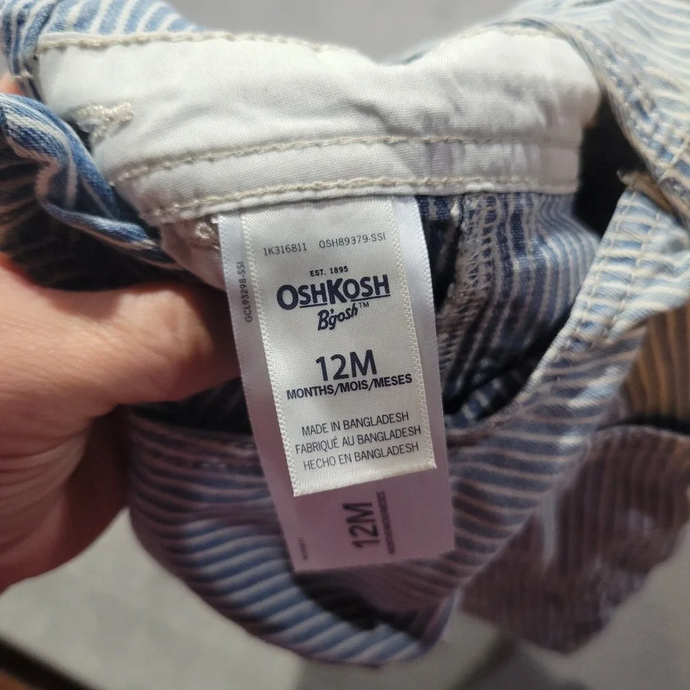OshKosh B'gosh Overalls Baby 12M Blue Hickory Railroad Stripe Denim Shortalls